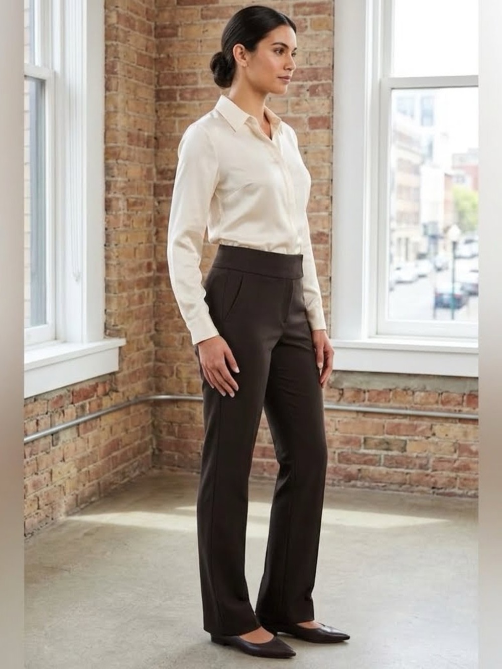 High-Waist Straight-Leg Women's Dress Pants in Dark Brown
